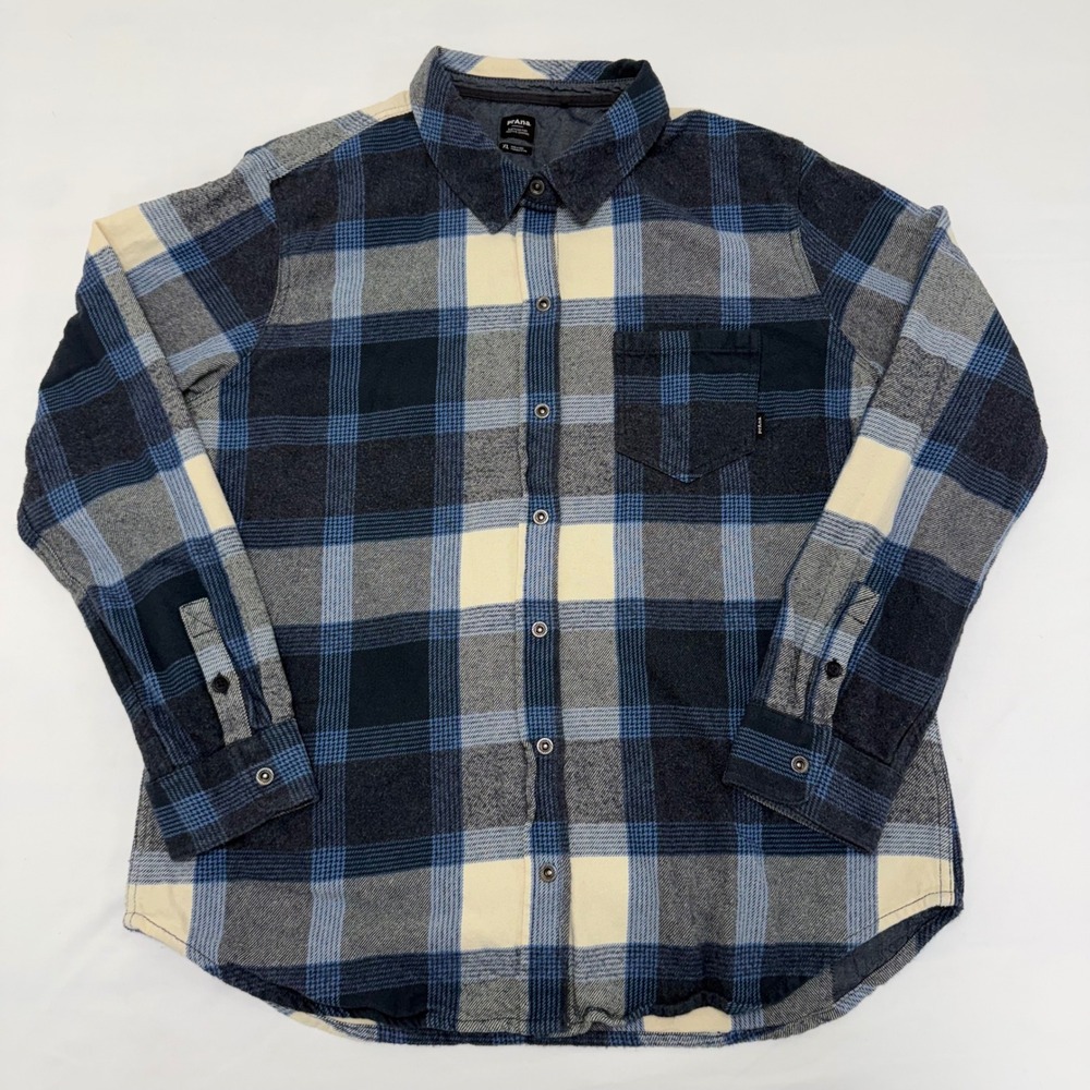 Prana Golden Canyon Flannel Shirt Womens XL Button Up Blue Plaid Organic Cotton